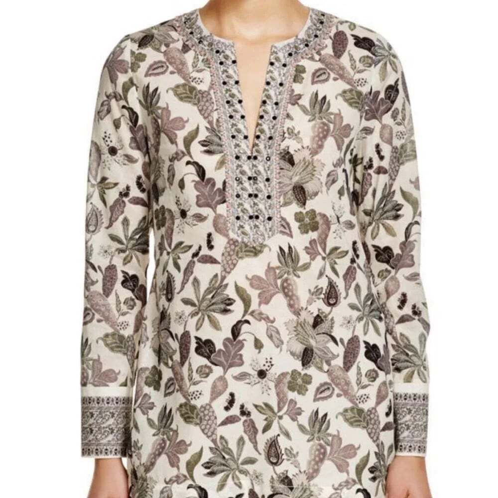 Tory Burch Women 14 Embroidered V Neck Floral Tunic Top Long Sleeve Rhinestone
